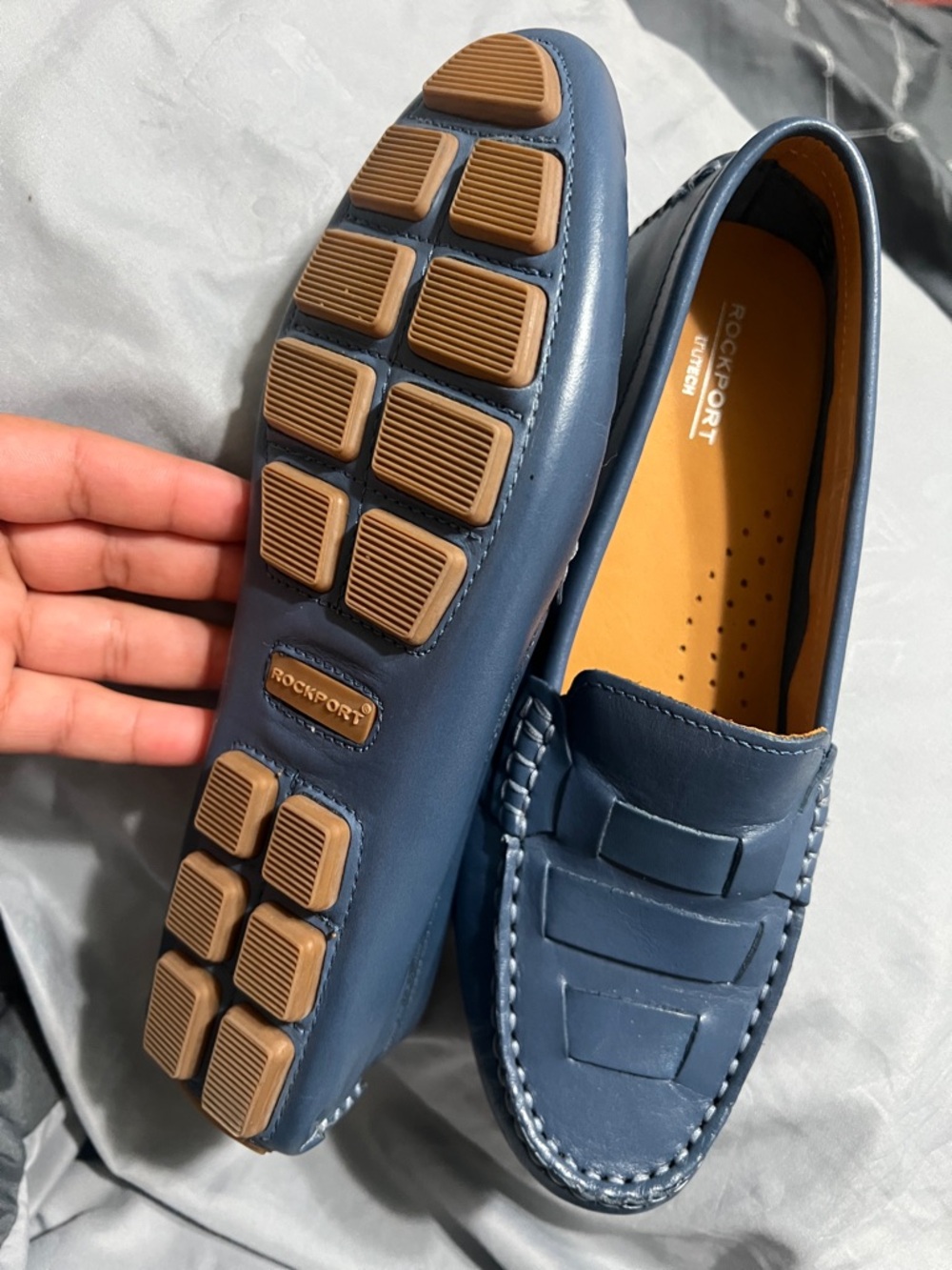 Rockport Navy Leather Driving Loafers with Tan Pod Soles
